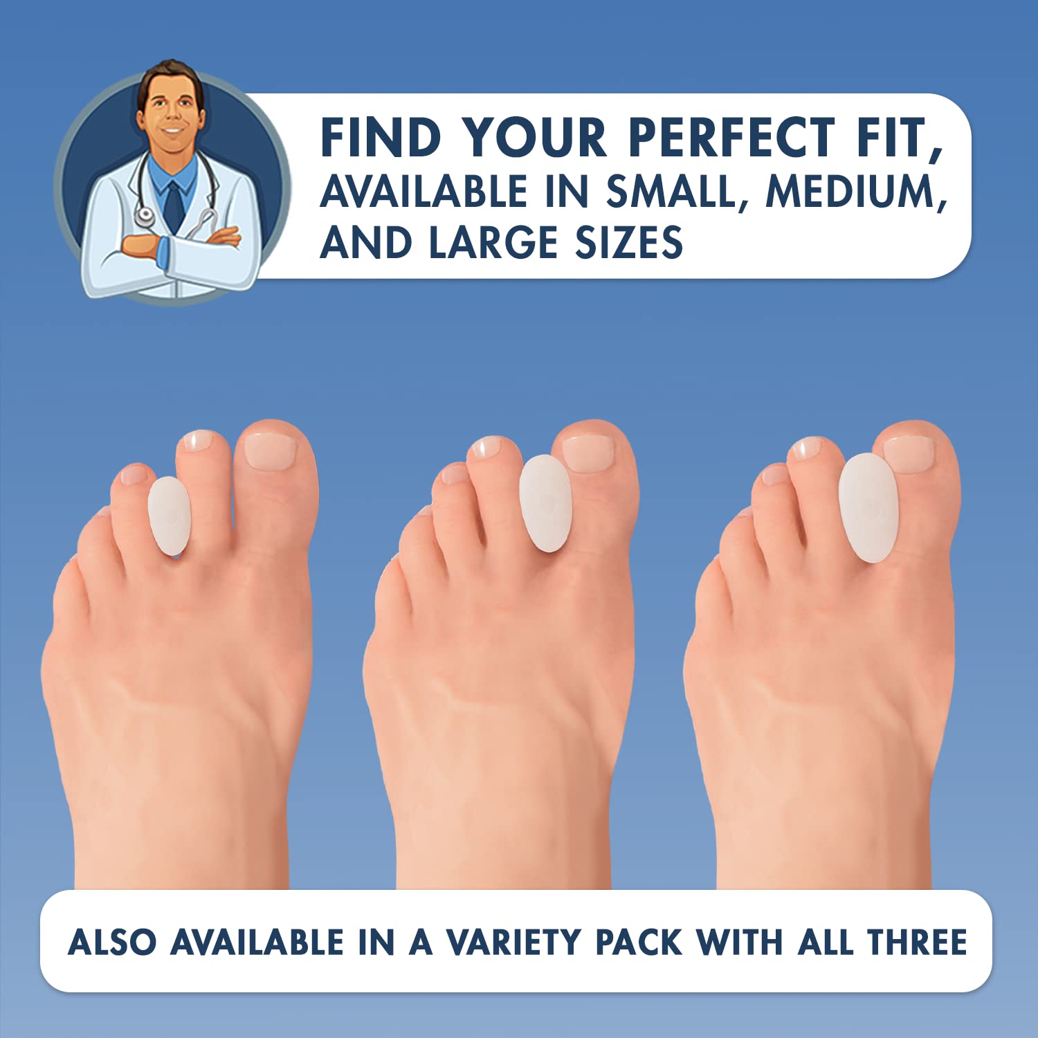 Dr. Frederick's Original gel spacers between toes addressing overlapping toes during activities