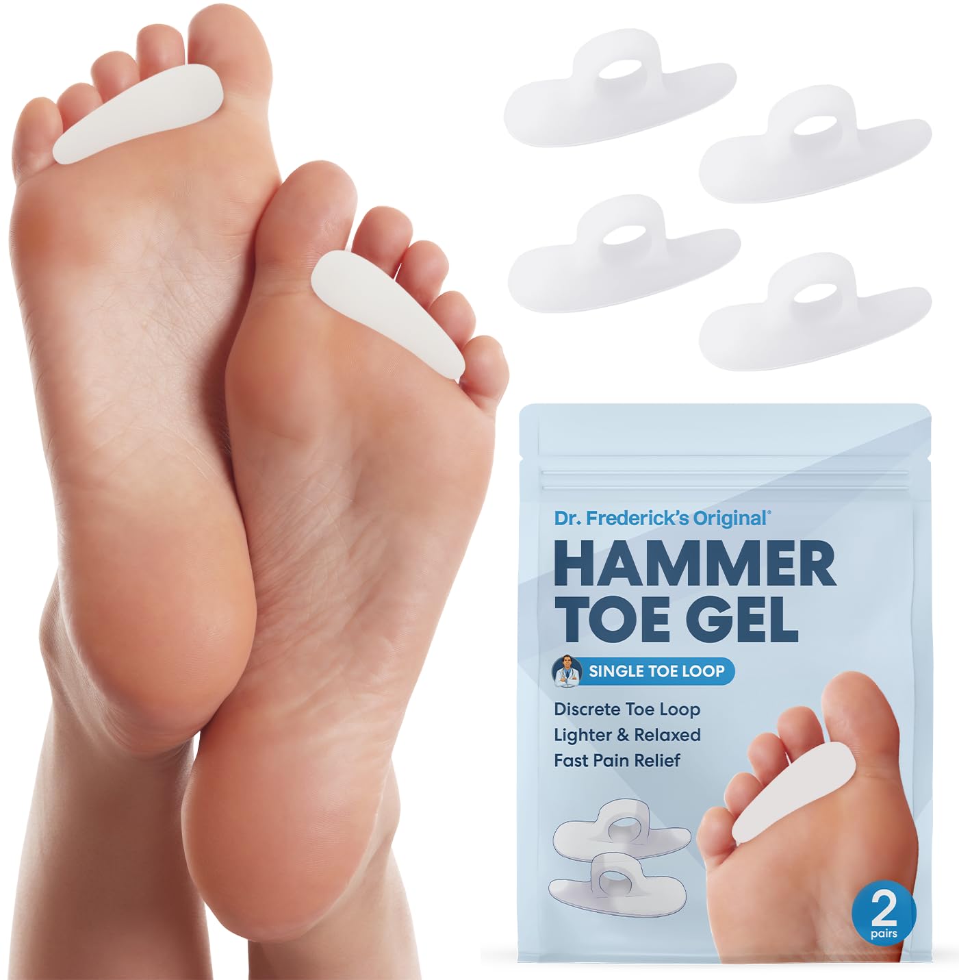 Dr. Frederick's Original Hammer Toe Corrector Gels open packaging shows 2-pair set for toe relief.