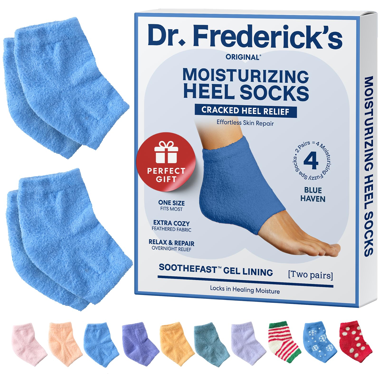 Dr. Frederick's Original blue haven packaging for moisturizing fuzzy heel socks.