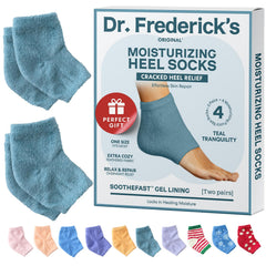 Dr. Frederick's Original fuzzy heel socks teal tranquility packaging highlights rich hydration for dry heels