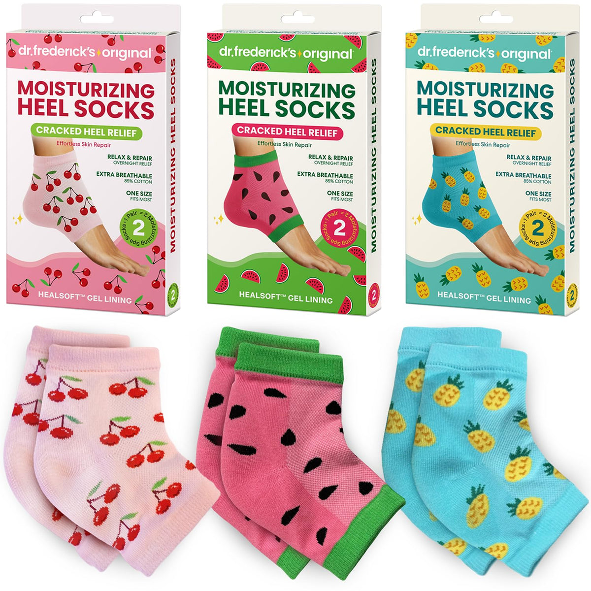 Dr. Frederick's Original moisturizing heel socks pack of three offer at-home hydration.