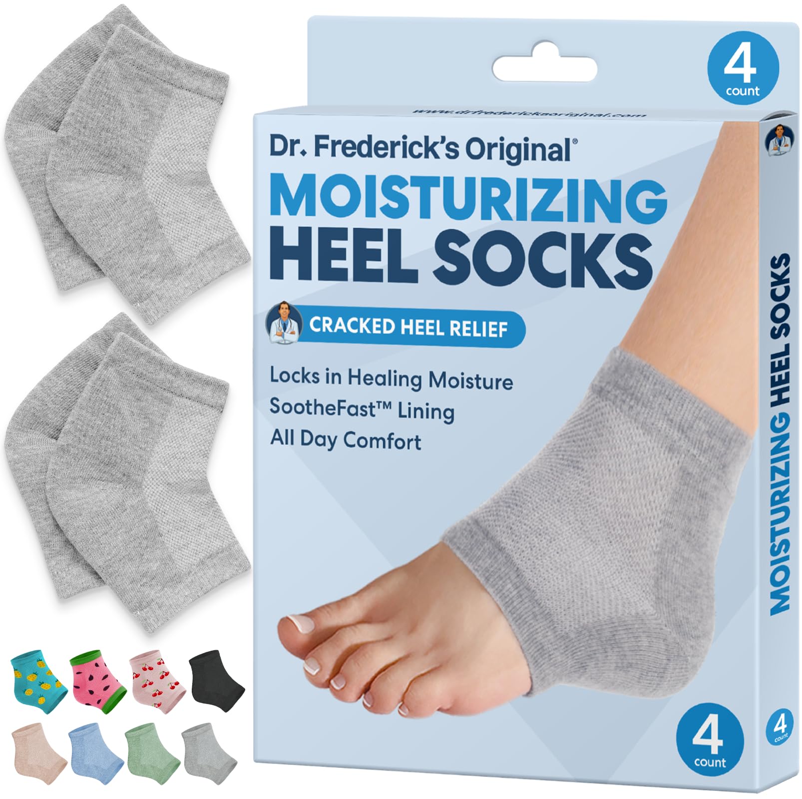 Dr Frederick's Original heel socks packaging shows gift-ready hydration solution.