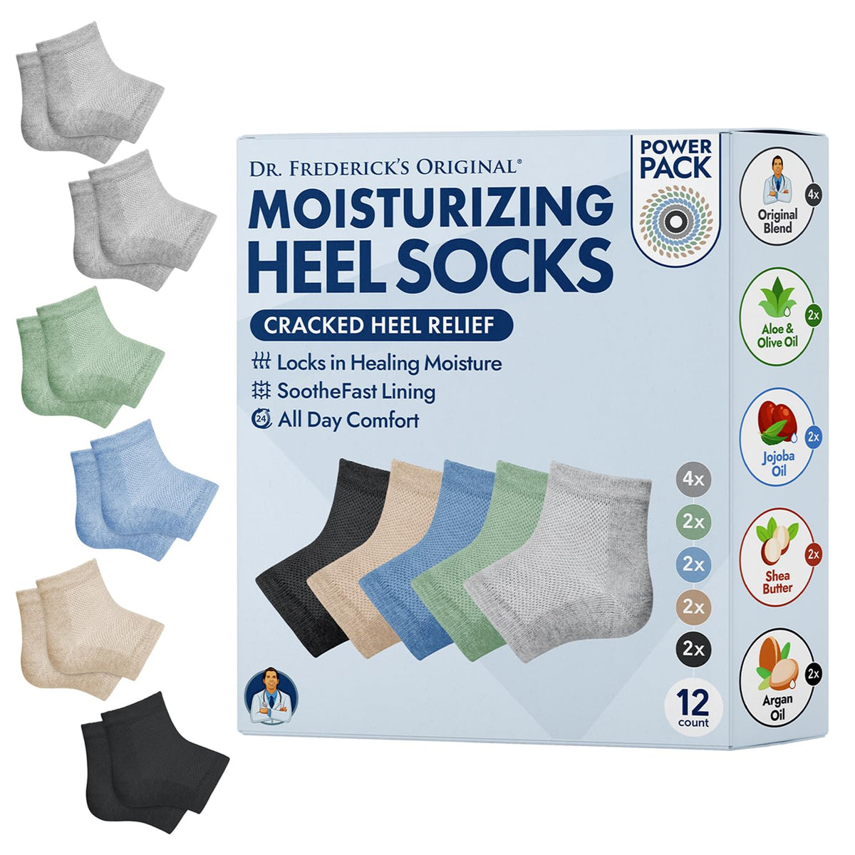 Dr. Frederick's Original moisturizing heel socks packaging shows six-pair hydration set.