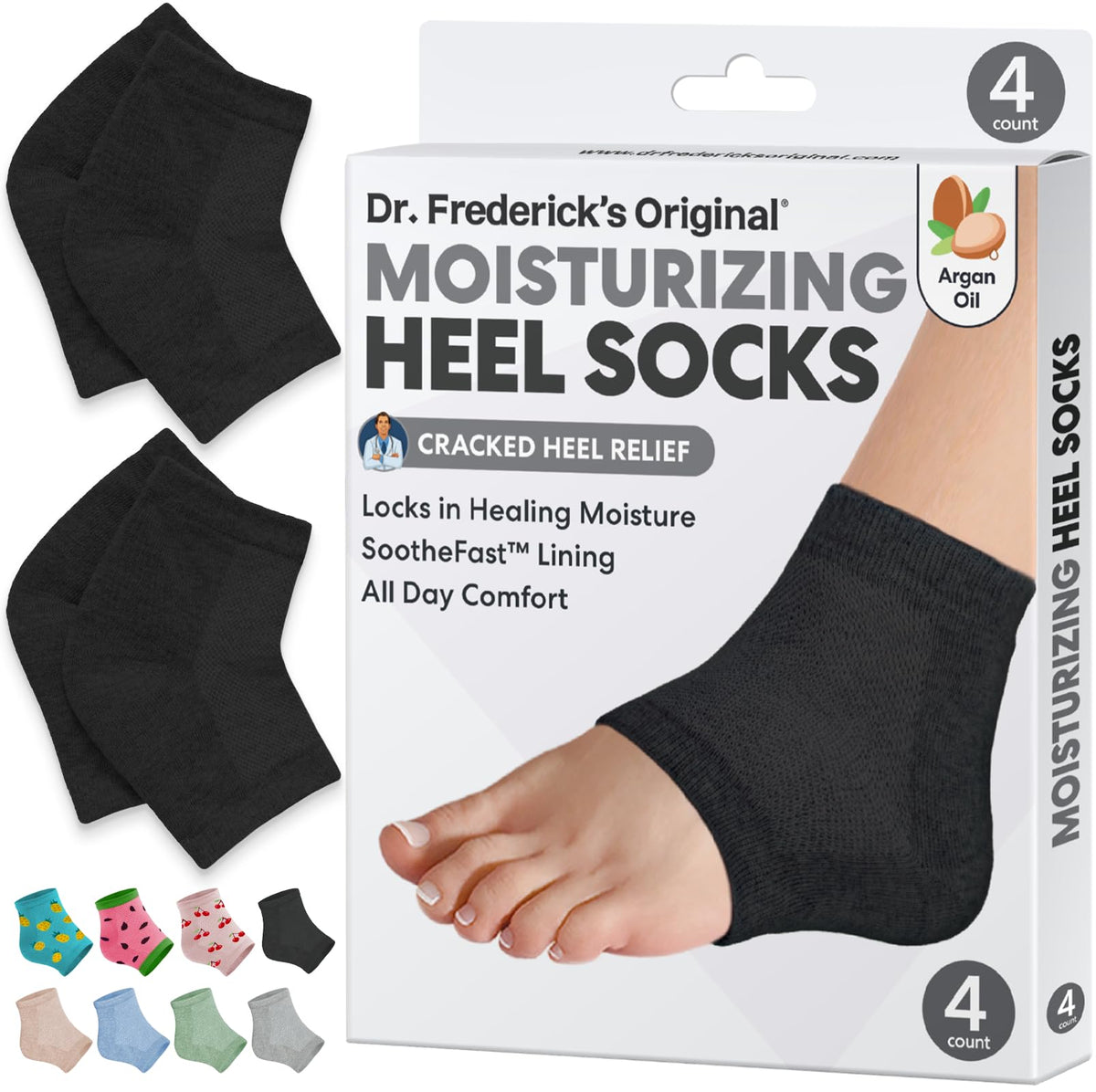 Dr. Frederick's Original heel socks packaging highlighting trusted care for dry heels