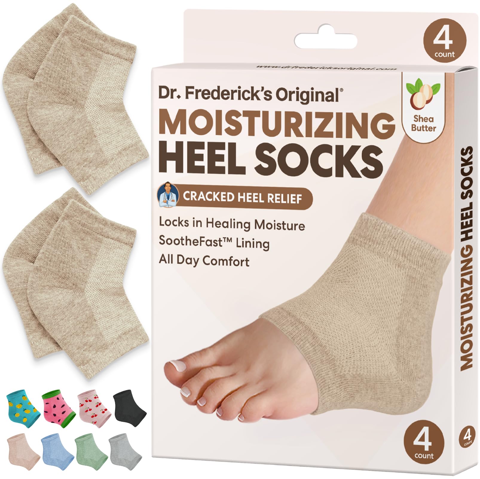 Dr. Frederick's Original heel socks in beige, two pairs, for soothing hydration.