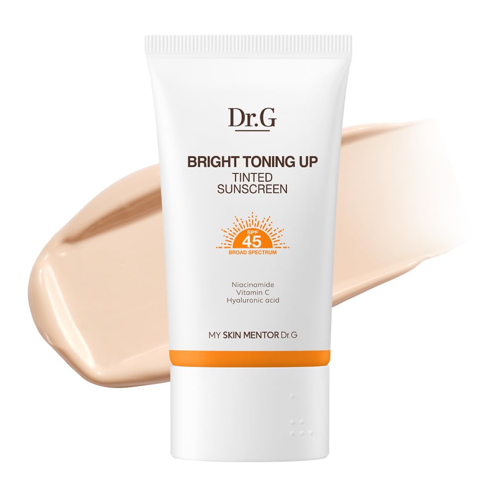 Dr. G Bright Toning Up Tinted Sunscreen bottle with SPF 45 for all skin types.