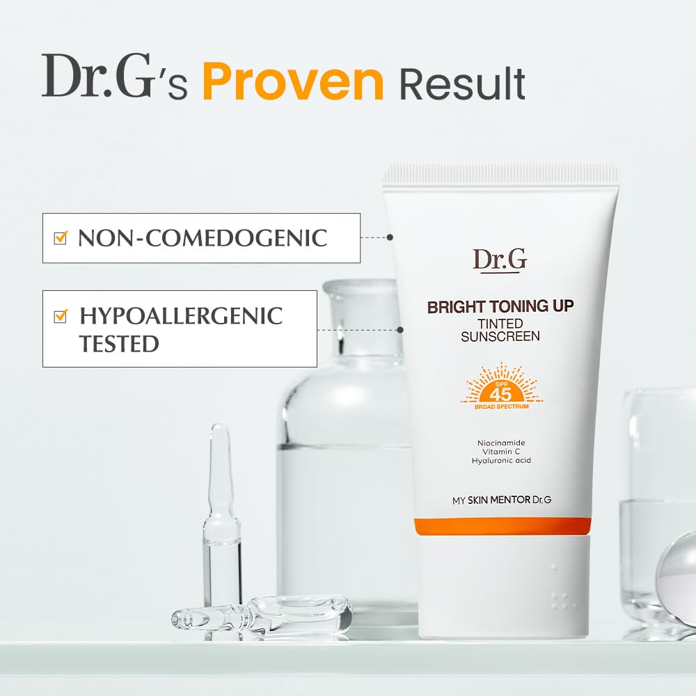 Dr. G Bright Toning Up Tinted Sunscreen ingredients include vitamin C and niacinamide for nourishing skincare.