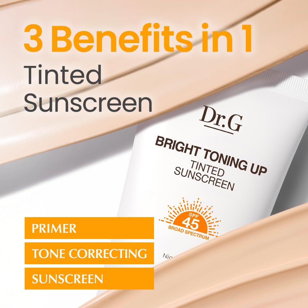 Dr. G Bright Toning Up Tinted Sunscreen packaging on a clean desk suggests everyday sun protection solution.