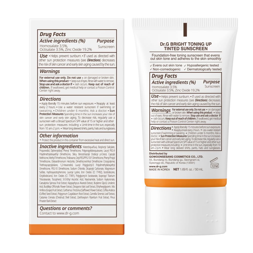 Dr. G Bright Toning Up Tinted Sunscreen SPF 45 label shows daily UV protection and sheer tint.