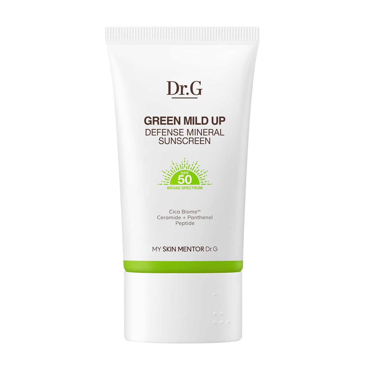 Dr.G Green Mild Up Defense sunscreen bottle front showing lightweight mineral protection