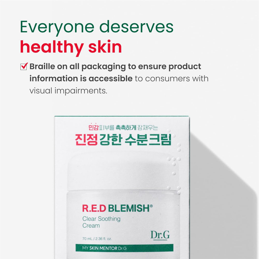 Dr. G Red Blemish Clear bottle beside skincare routine suggests daily use.