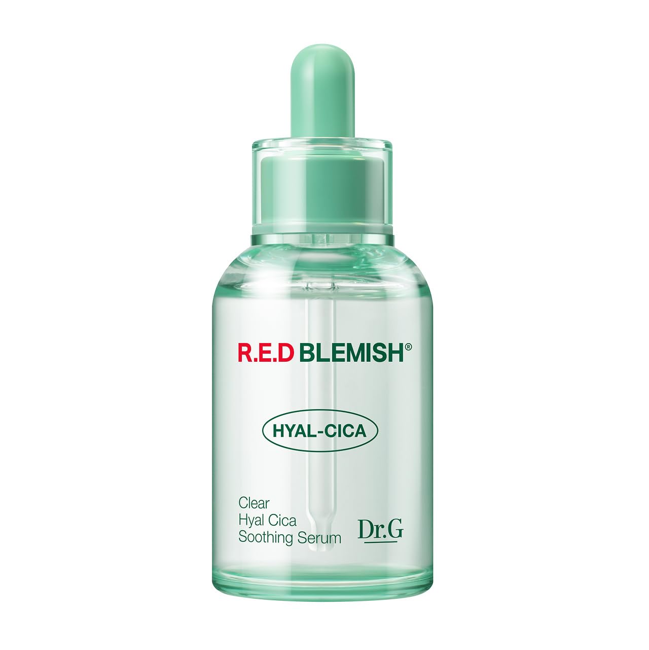 Dr. G R.E.D. serum bottle close-up highlighting cooling hydration for blemish-prone skin.