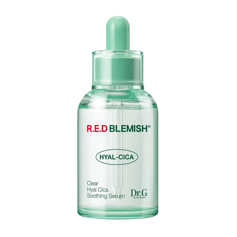Dr. G R.E.D. serum bottle close-up highlighting cooling hydration for blemish-prone skin.