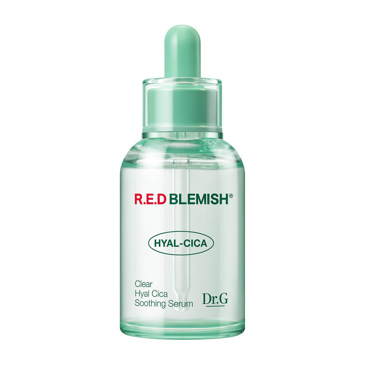 Dr. G R.E.D. serum bottle close-up highlighting cooling hydration for blemish-prone skin.
