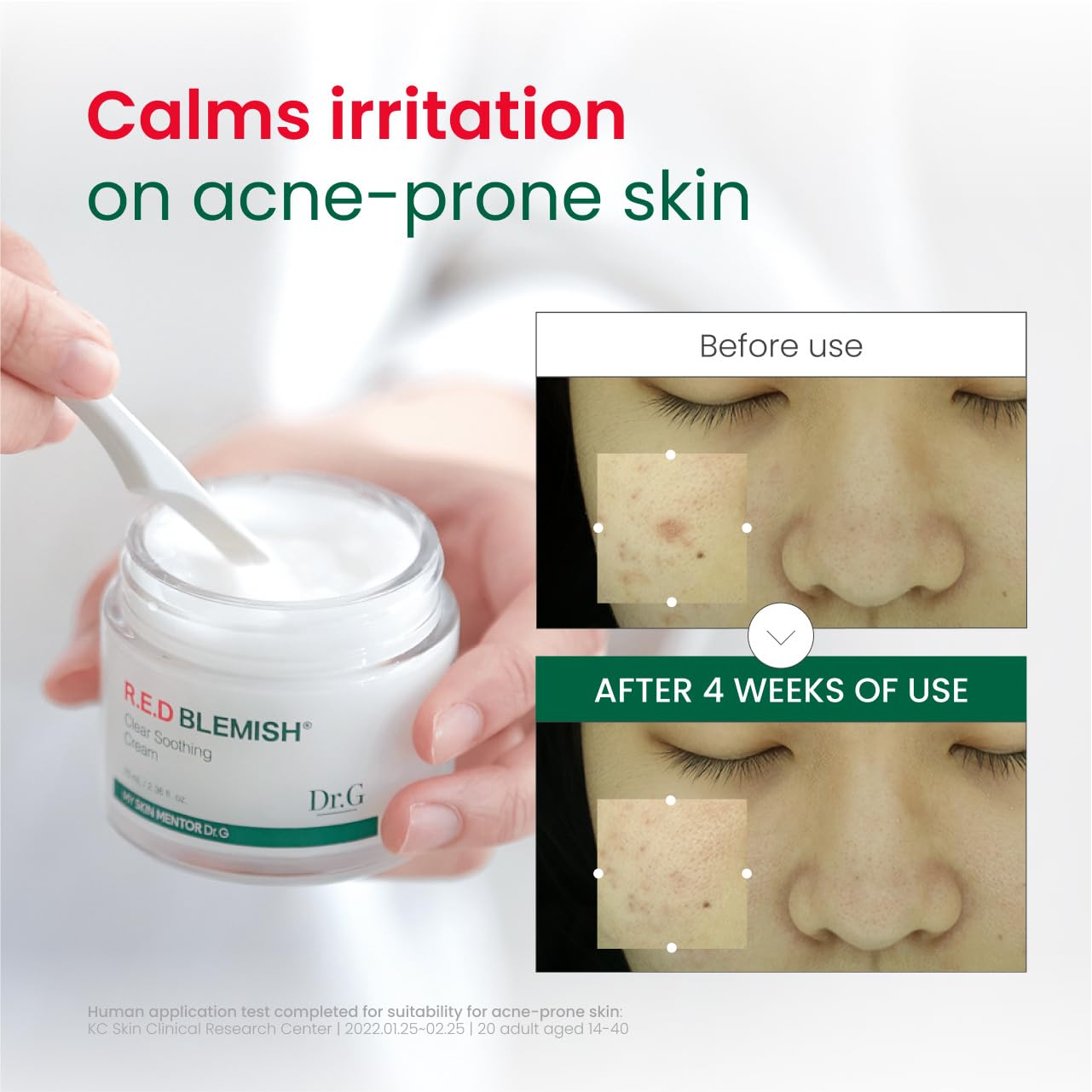 Absorption closeup shows fast-penetrating, light hydration from Dr.G Red Blemish Clear Cream.