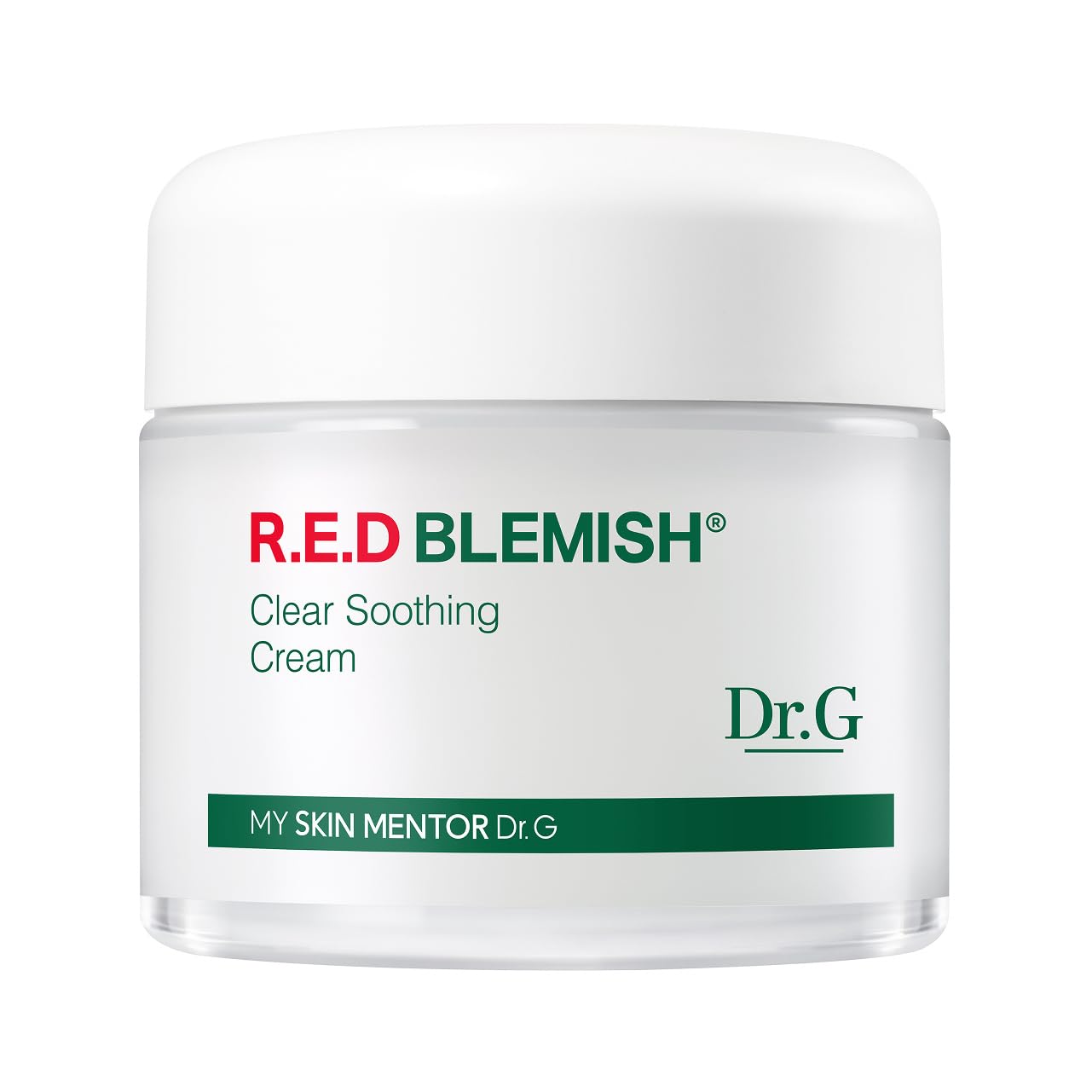 Dr.G Red Blemish Clear Cream packaging signals calming protection for sensitive skin.