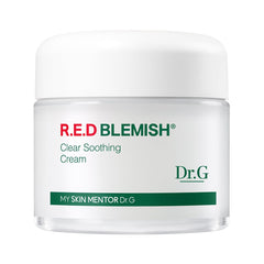 Dr.G Red Blemish Clear Cream packaging signals calming protection for sensitive skin.