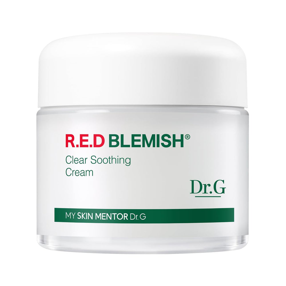 Dr. G Red Blemish Clear Soothing Cream tube shown for daily calming hydration on oily or sensitive skin.