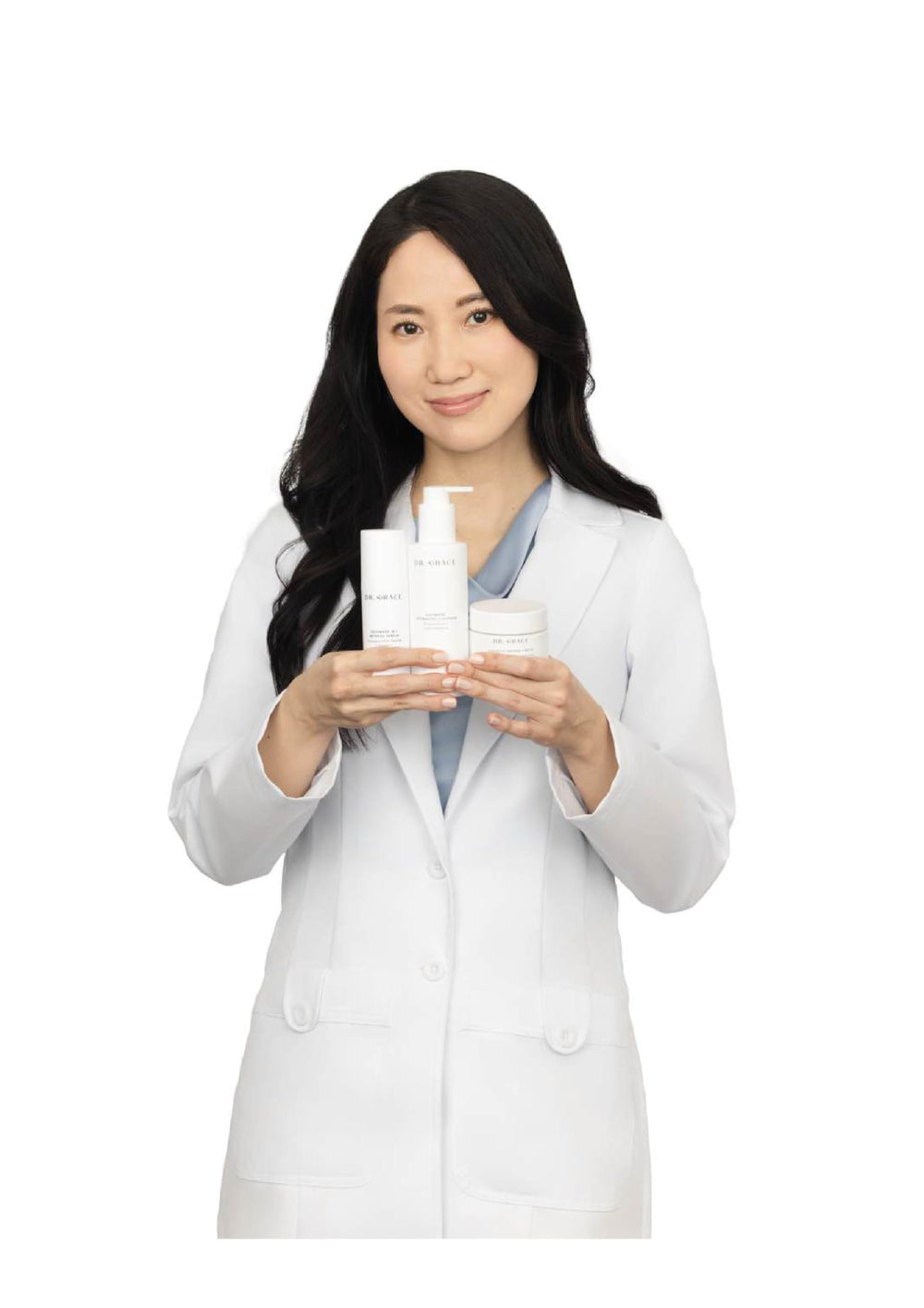 Dr. Grace Ultimate Hydrating Cleanser pump bottle emphasizes moisturized, balanced skin after washing.