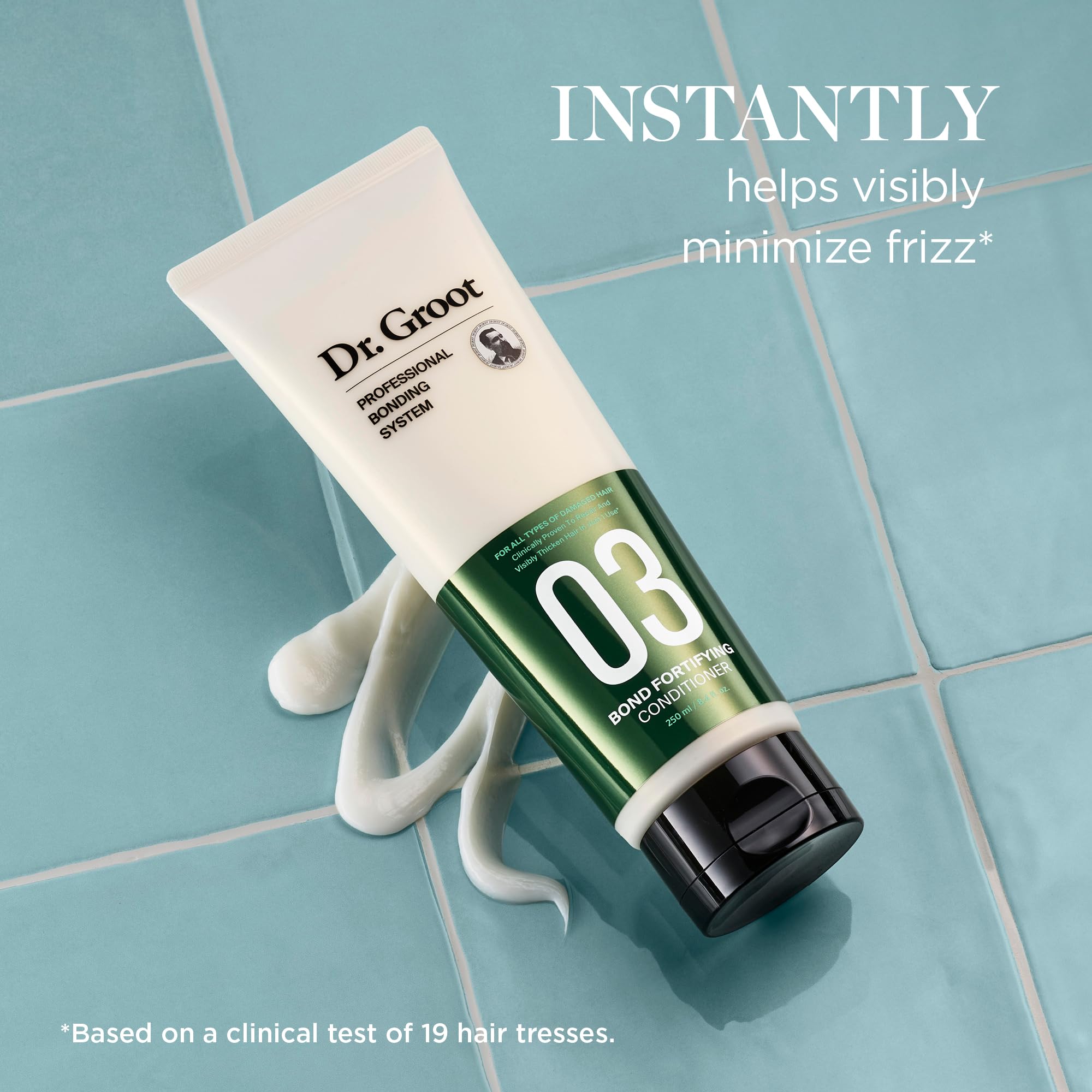 Dr. Groot Bond Fortifying Conditioner dispense pump image demonstrates convenient daily application