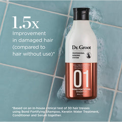 Dr. Groot Bond Fortifying Shampoo bottle being poured showing keratin and silk formula