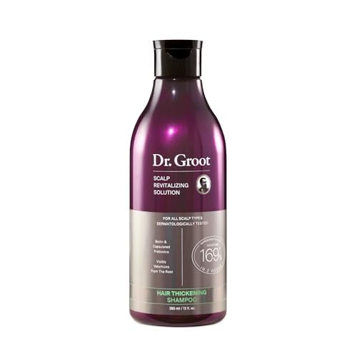 Dr. Groot hair thickening shampoo bottle promotes root volume for fuller hair.