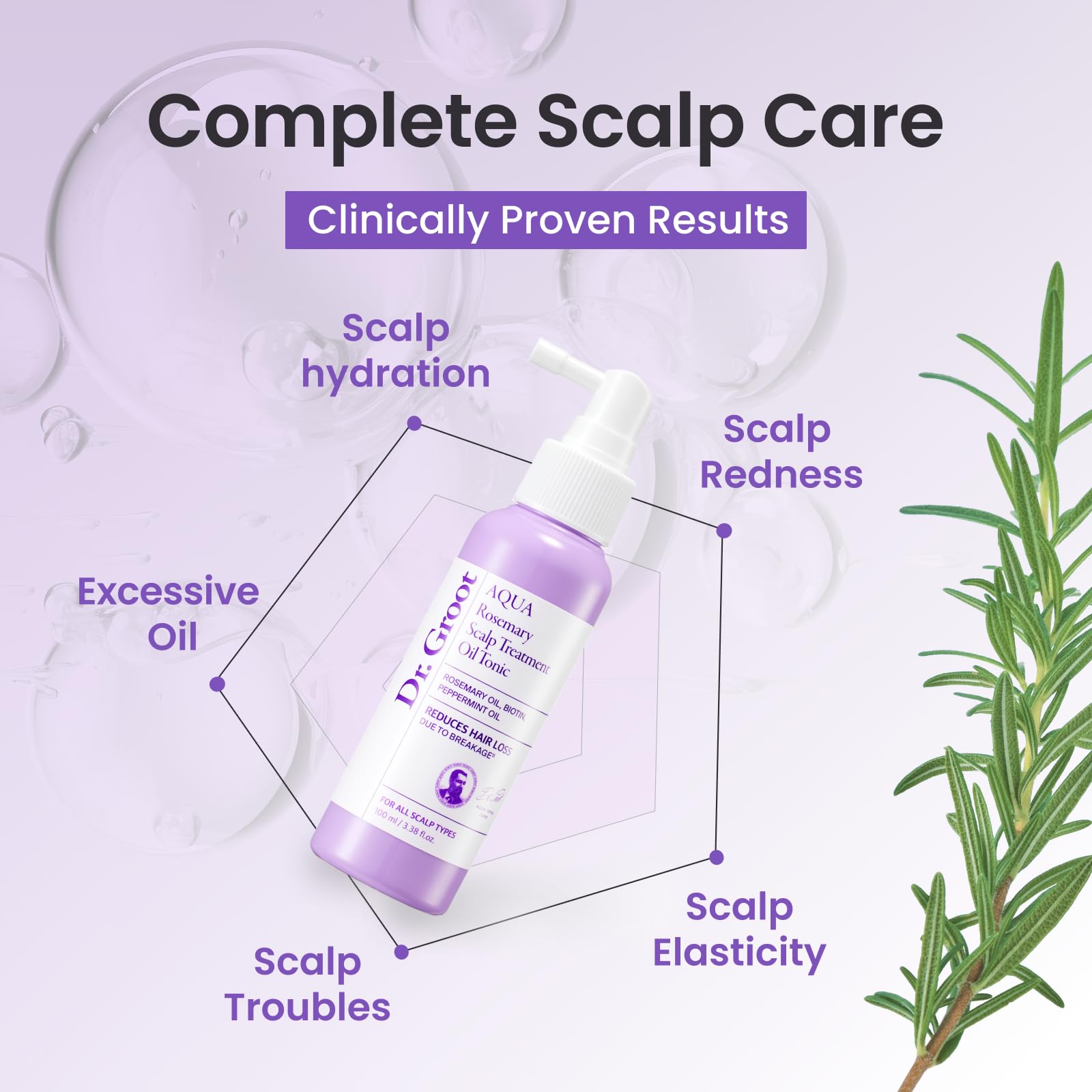 Dr. Groot Rosemary Mint Oil Tonic drops concentrated formula visible on the skin.