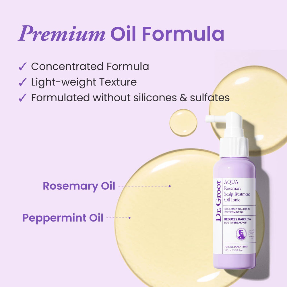 Dr. Groot Rosemary Mint Oil Tonic label highlights biotin and hyaluronic acid benefits.