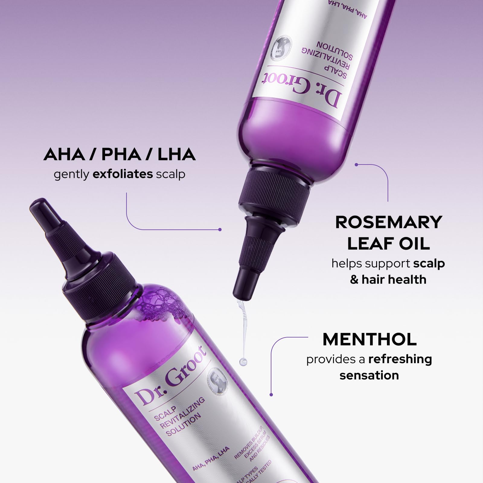 Dr. Groot Rosemary oil drop indicates soothing, aromatic ingredient in formula.
