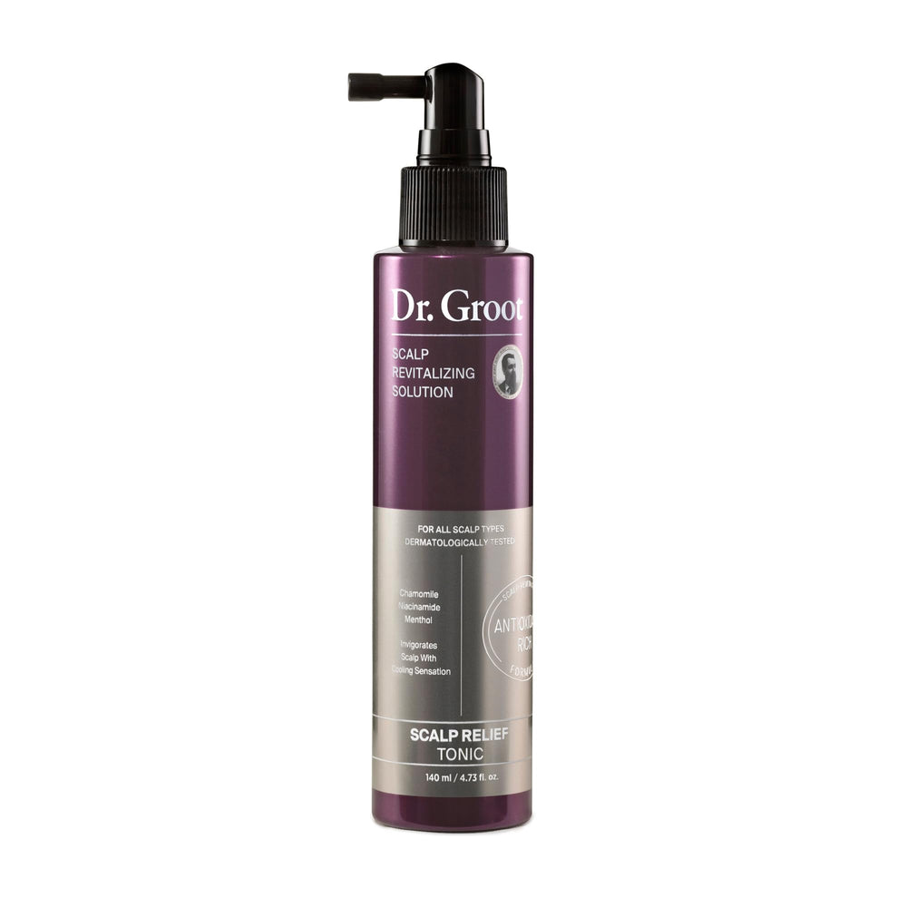 Dr. Groot Scalp Relief Tonic bottle front for calming, refreshed scalp.