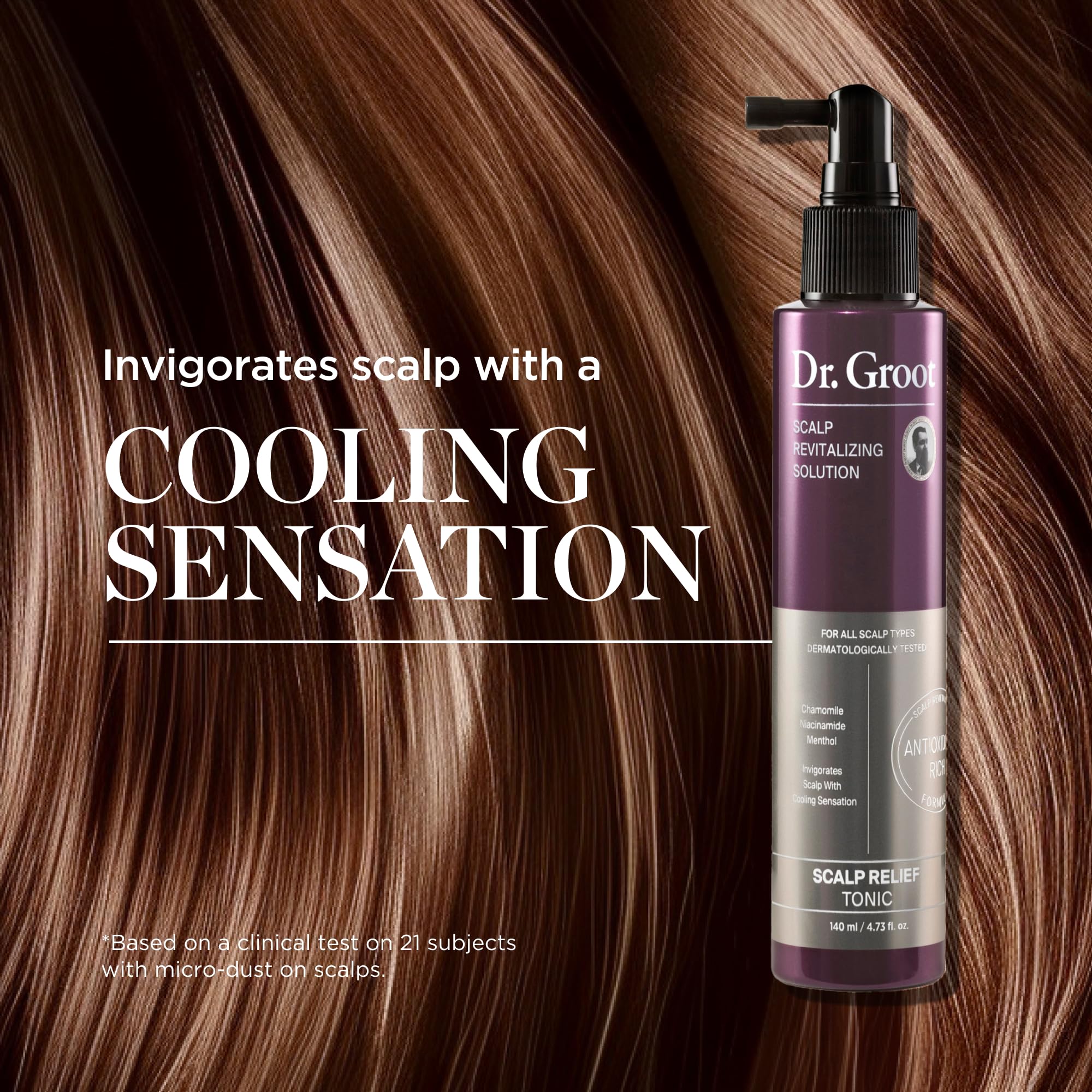 Dr. Groot Scalp Relief Tonic chamomile highlights calming formula.