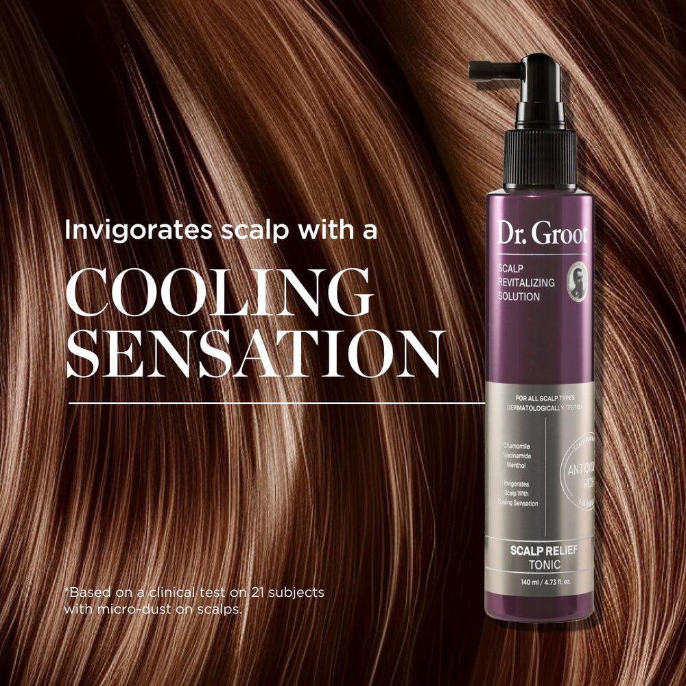 Dr. Groot Scalp Relief Tonic chamomile highlights calming formula.