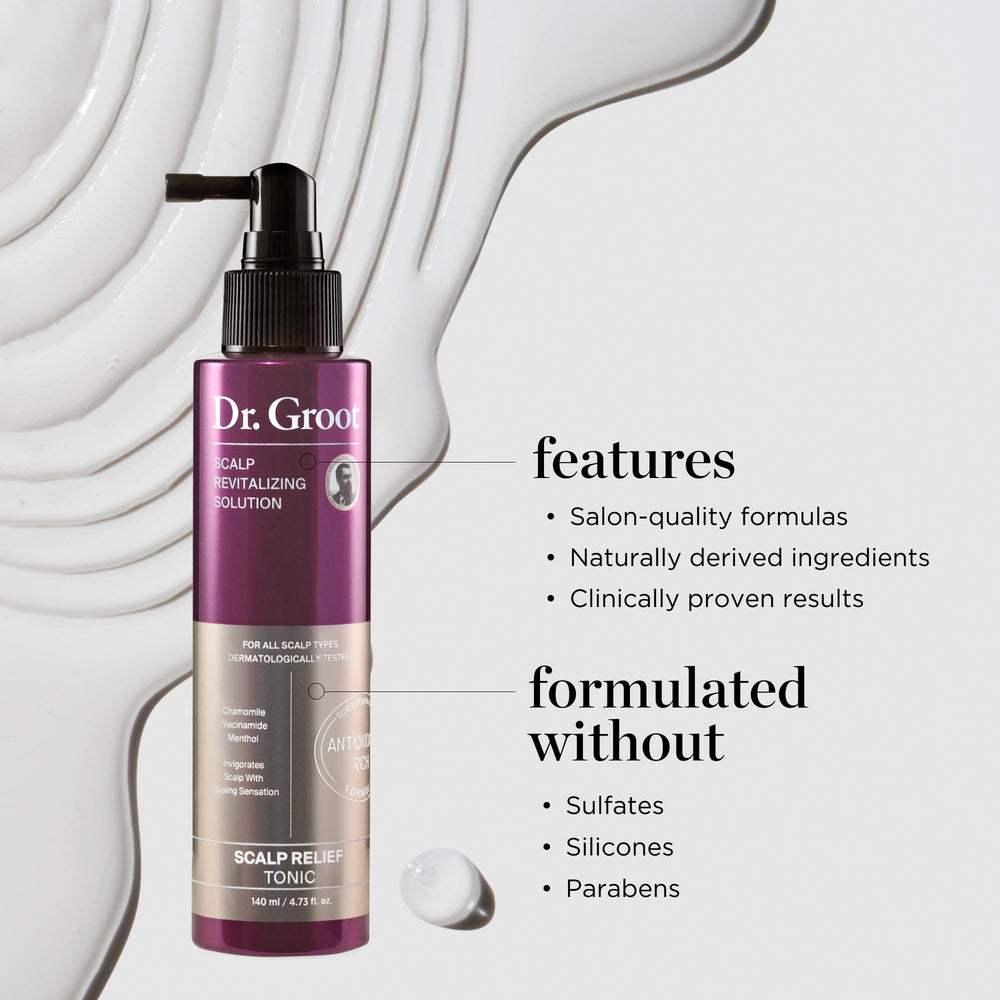 Dr. Groot Scalp Relief Tonic rosemary oil indicates scalp invigorating properties.
