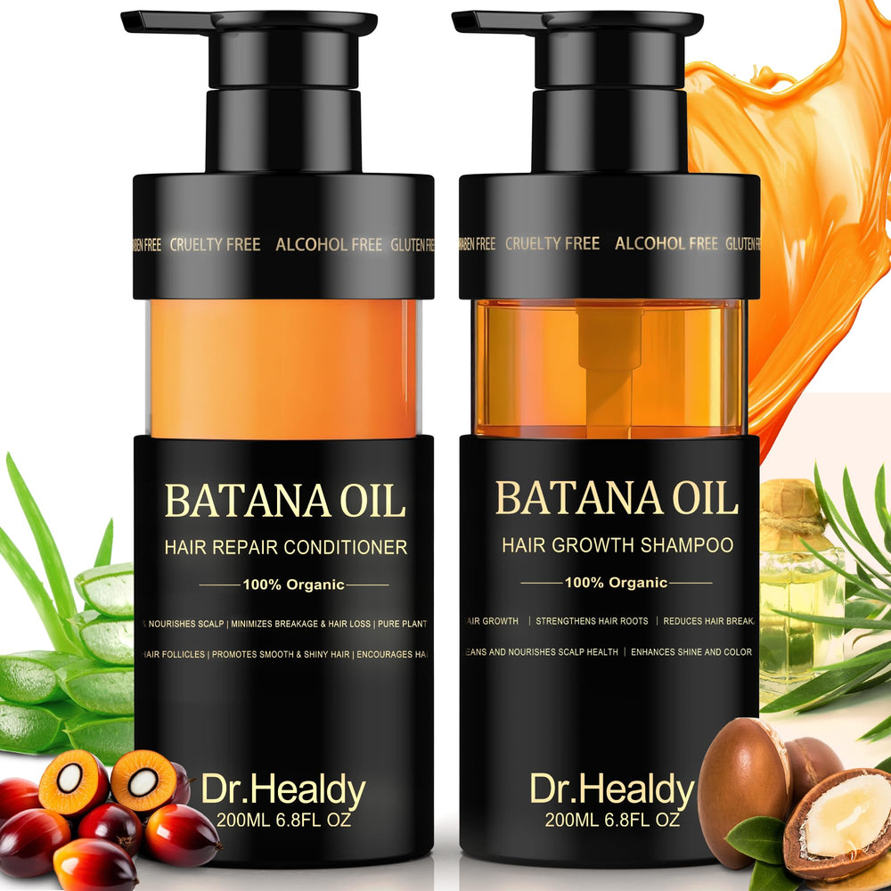 Dr. Healdy Batana Oil Shampoo botella muestra limpieza suave y fortalecimiento del cabello