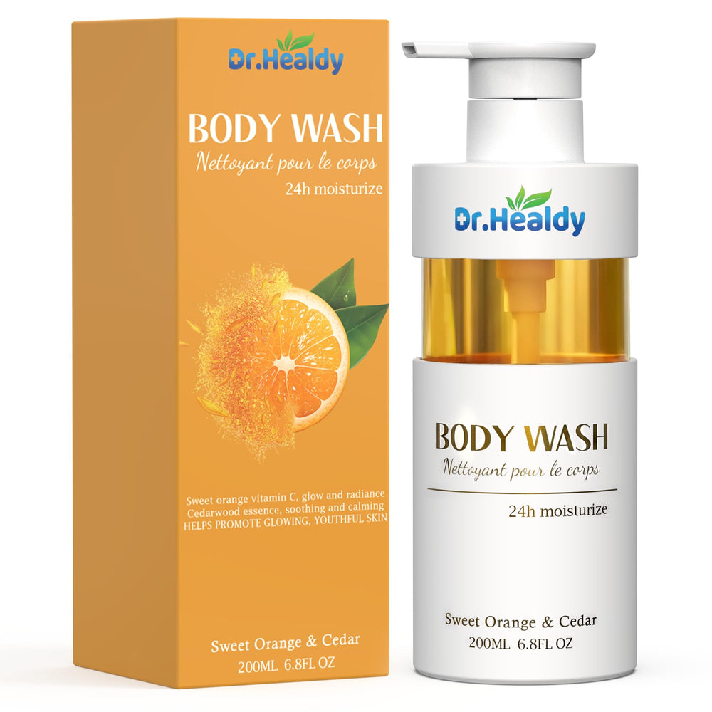 Dr. Healdy Sweet Orange & Cedar bottle pour shows a refreshing citrus-cedar wash