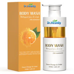 Dr. Healdy Sweet Orange & Cedar bottle pour shows a refreshing citrus-cedar wash