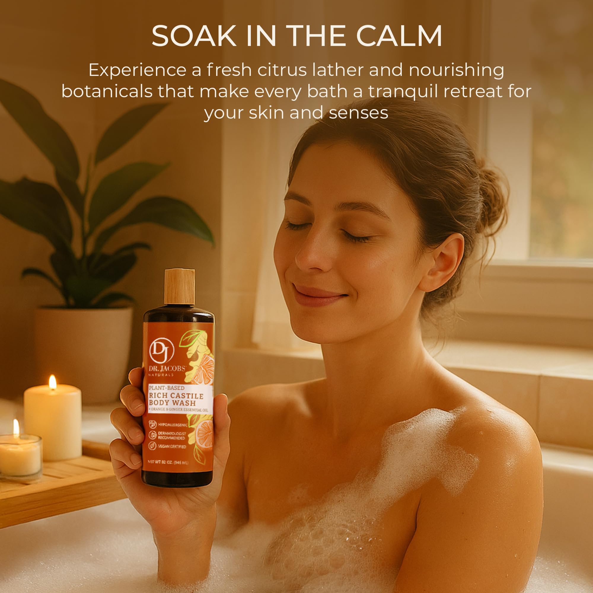 Orange-ginger aroma from Dr. Jacobs Naturals castile soap in a refreshing shower scene.
