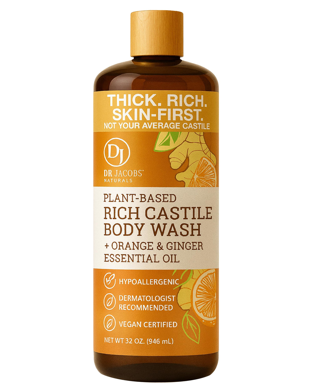 Dr. Jacobs Naturals orange-ginger castile soap bottle provides moisturizing cleansing.