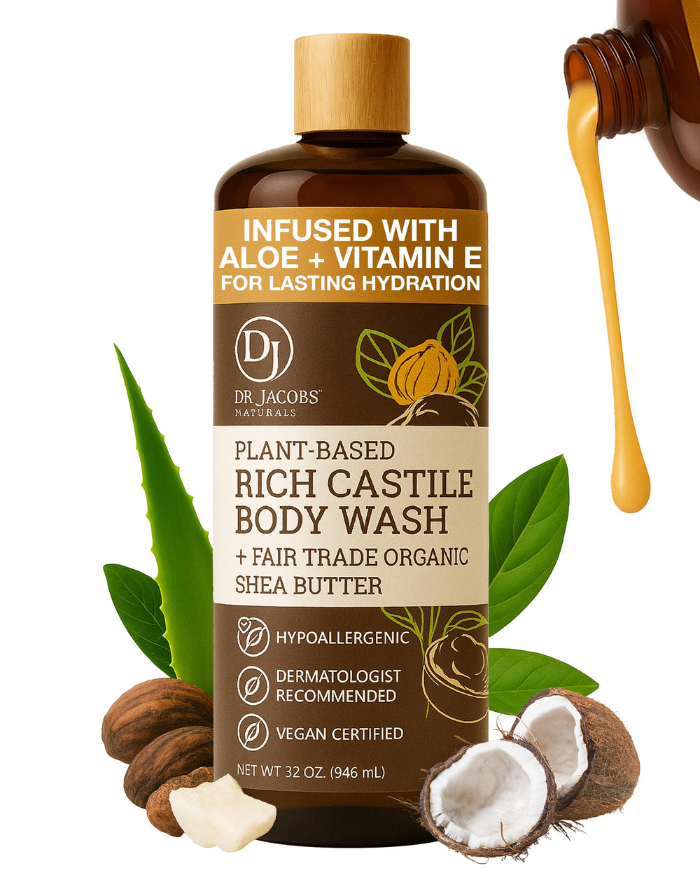 Dr. Jacobs Naturals Pure Castile Soap liquid body wash pour delivers a luxurious, hydrating cleanse.