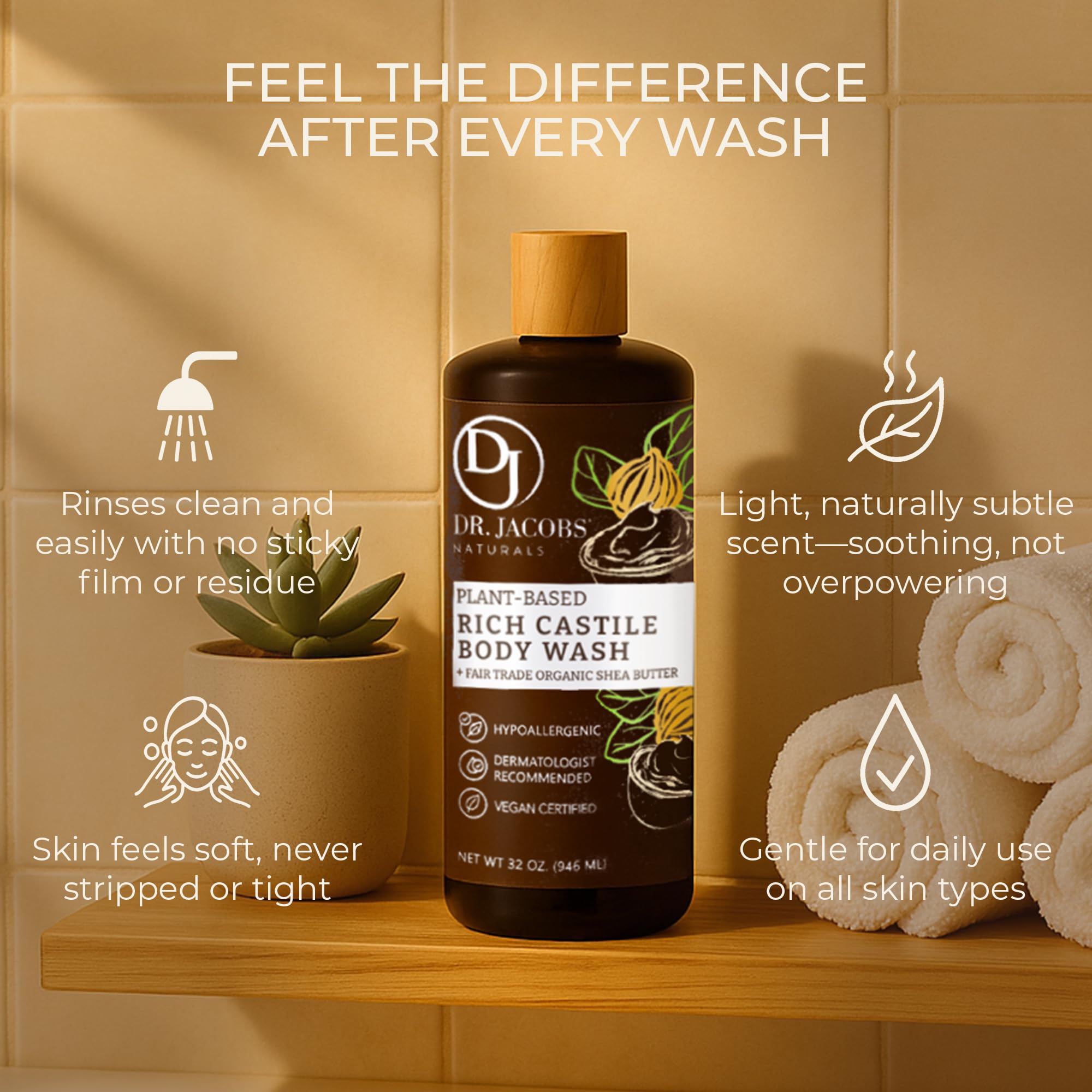 Dr. Jacobs Naturals Shea butter-rich lather provides gentle moisture during every shower.
