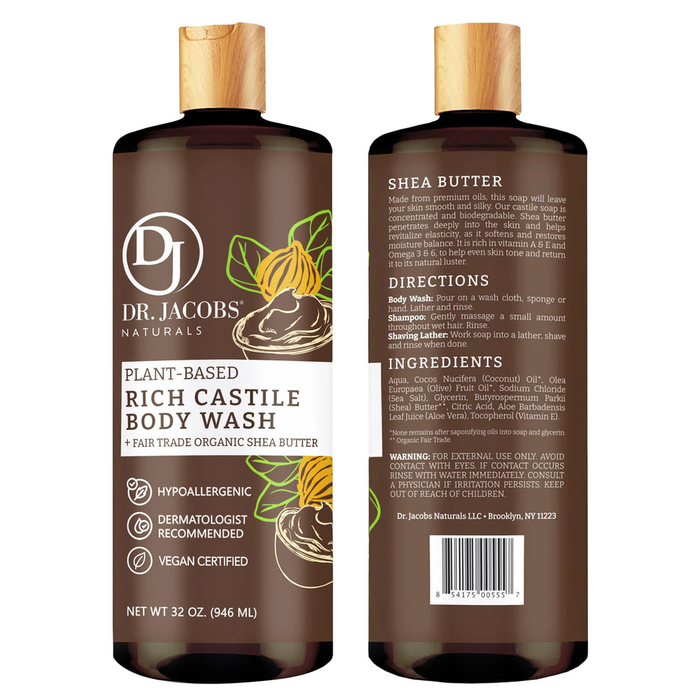 Dr. Jacobs Naturals 32 oz bottle highlights a made-in-USA, long-lasting body wash option.