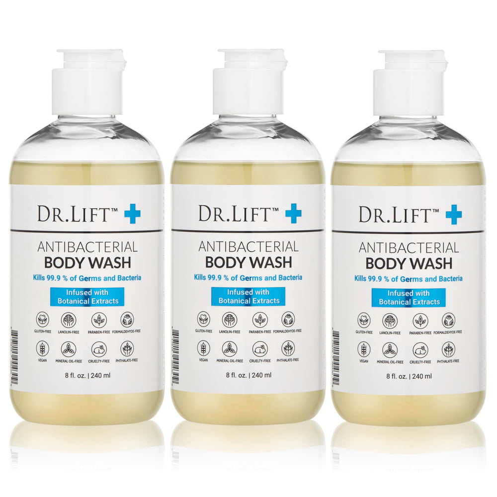 DR. LIFT antibacterial body wash bottle—3-pack for convenient hydration.
