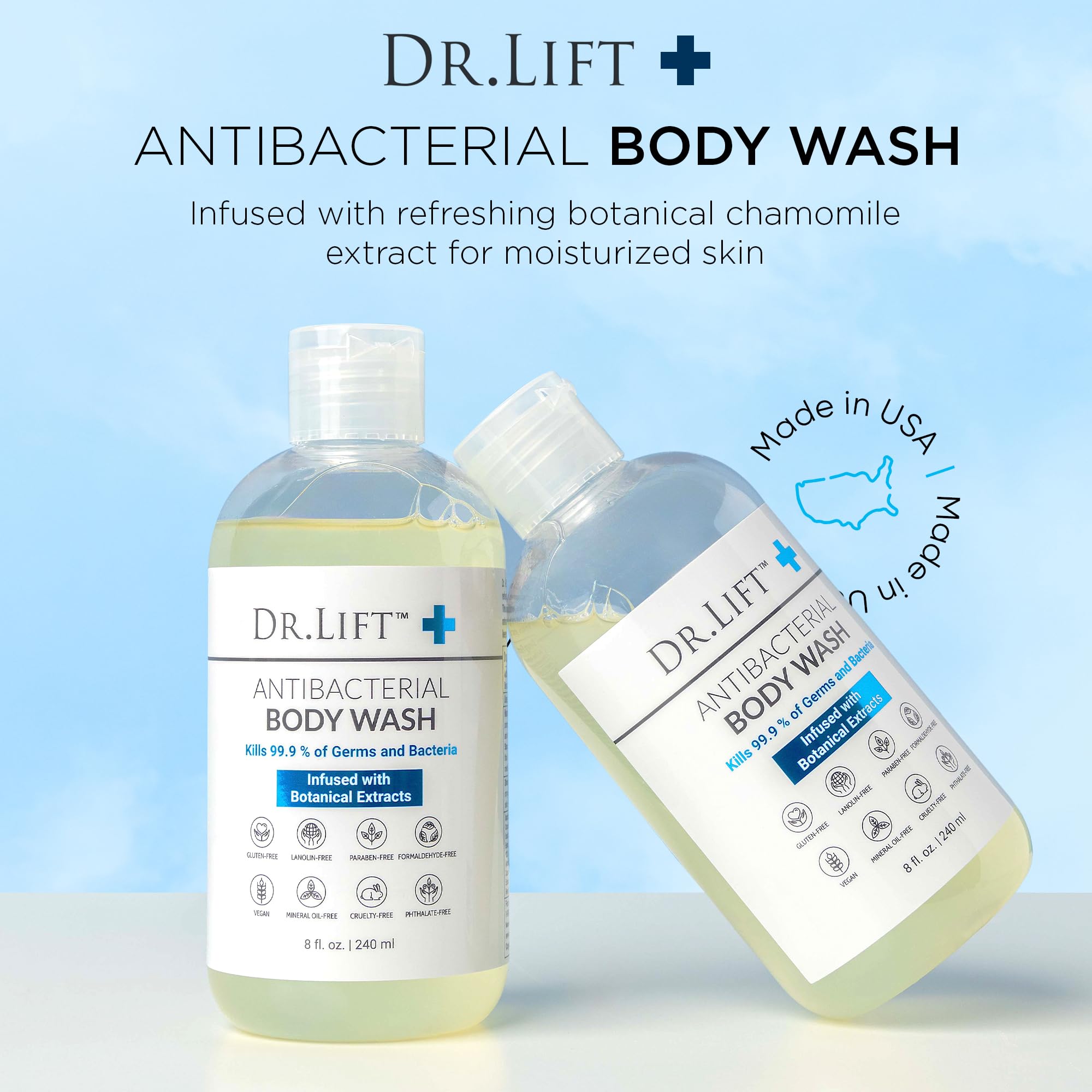 DR. LIFT antibacterial body wash botanical-extracts closeup conveys premium skincare ingredients.