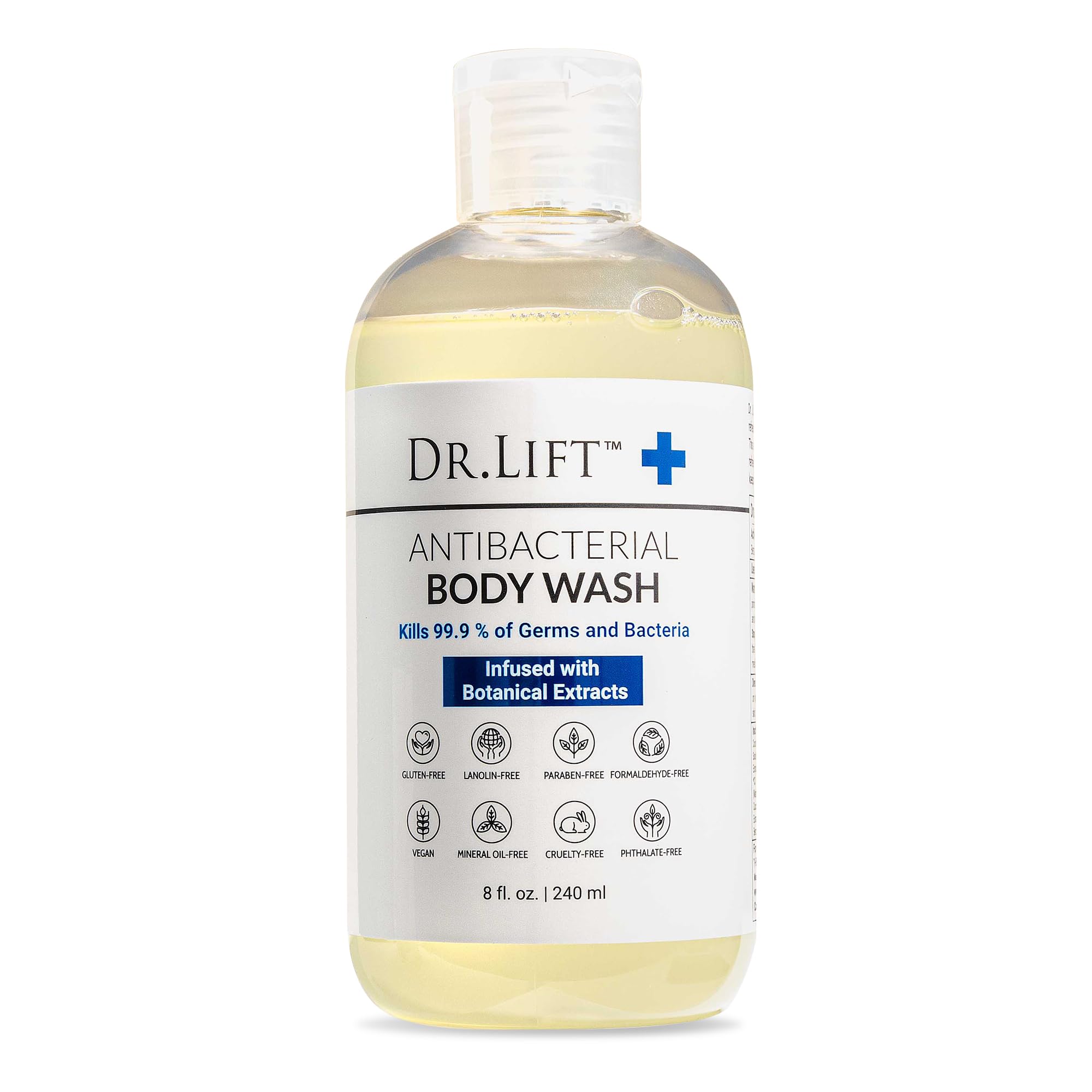 DR. LIFT antibacterial body wash bottle pour for quick, effective cleansing.