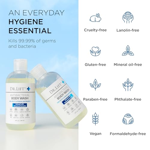 DR. LIFT antibacterial body wash label closeup highlights American-made formula for trusted care.