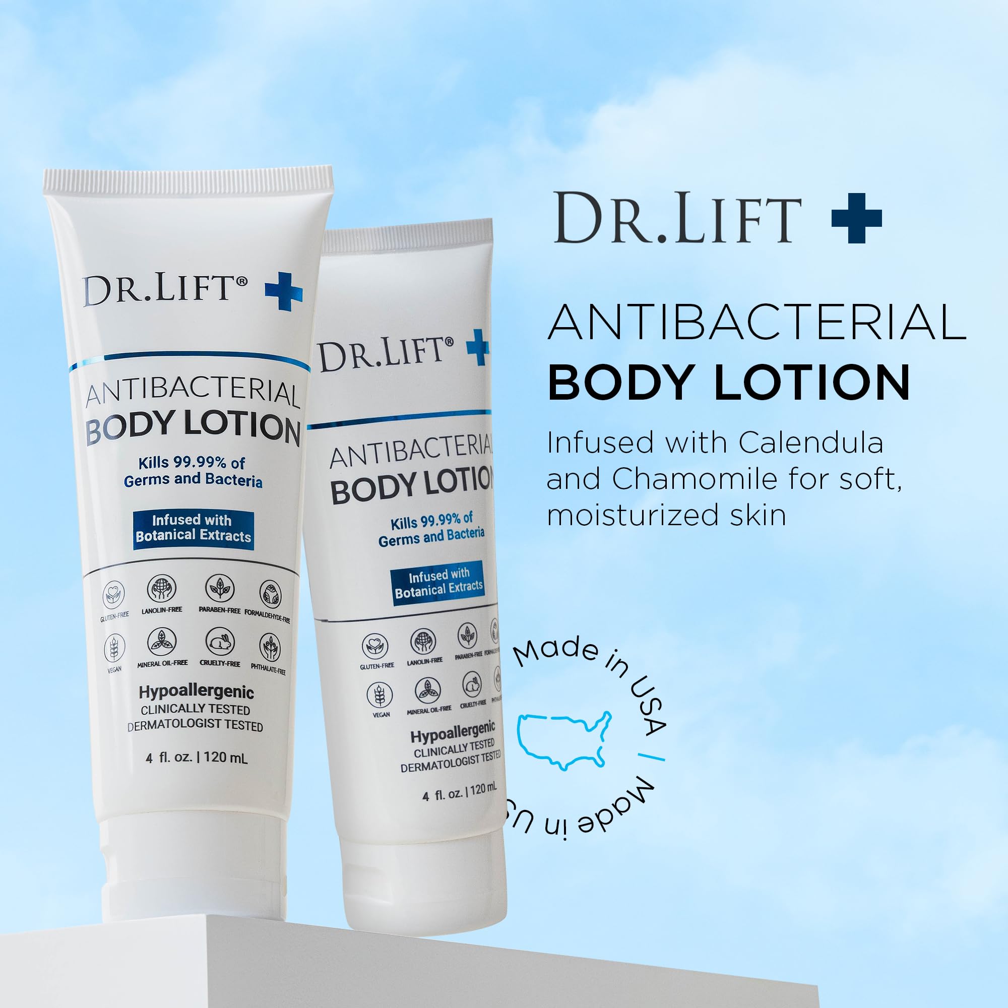 DR. LIFT lotion texture close-up emphasizes creamy, non-greasy feel.