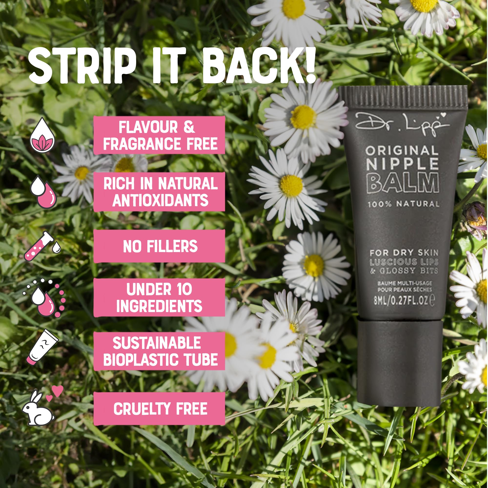 Dr. Lipp packaging sugarcane tube highlights sustainable, fragrance-free design.