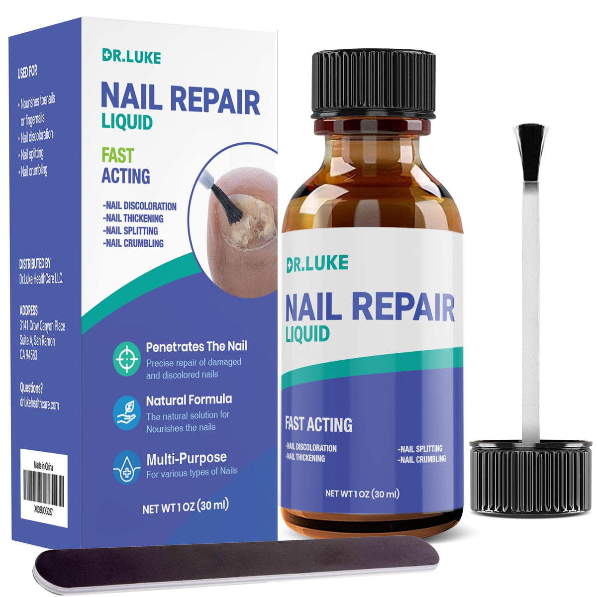 Dr. Luke Nail Repair Liquid bottle closeup shows quick-dry formula for everyday nail care.