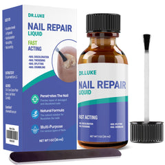 Dr. Luke Nail Repair Liquid bottle closeup shows quick-dry formula for everyday nail care.