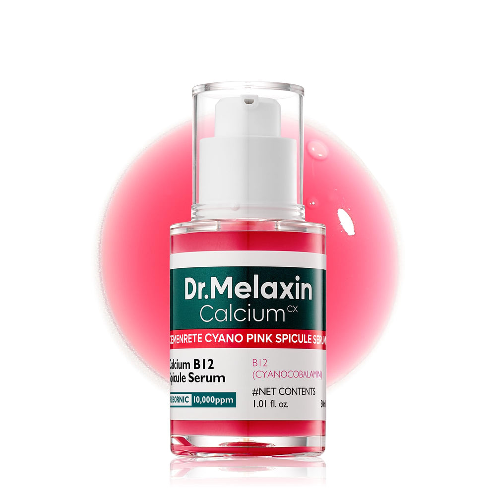 Dr.Melaxin bottle closeup showing pink spicule serum for smoother skin texture